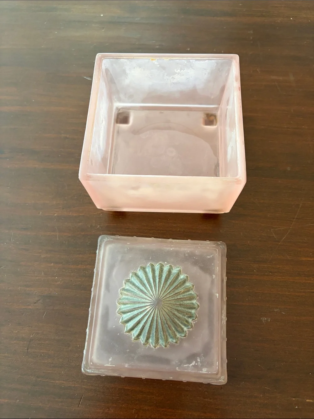 Taussaunt Glass Frosted  Pink Square Vanity Powder Box with Sunburst